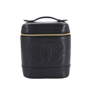 CHANEL Black Caviar Leather Logo Vanity Bag